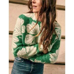 EUC Sezane Julietta Floral Mohair Wool Sweater Green Ecru XXS